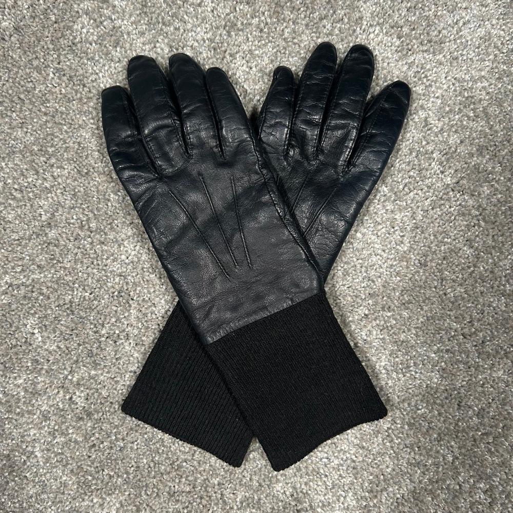 Fownes Black Genuine Leather Gloves with Ribbed Knit Cuffs Size 7.5 - Picture 5 of 6